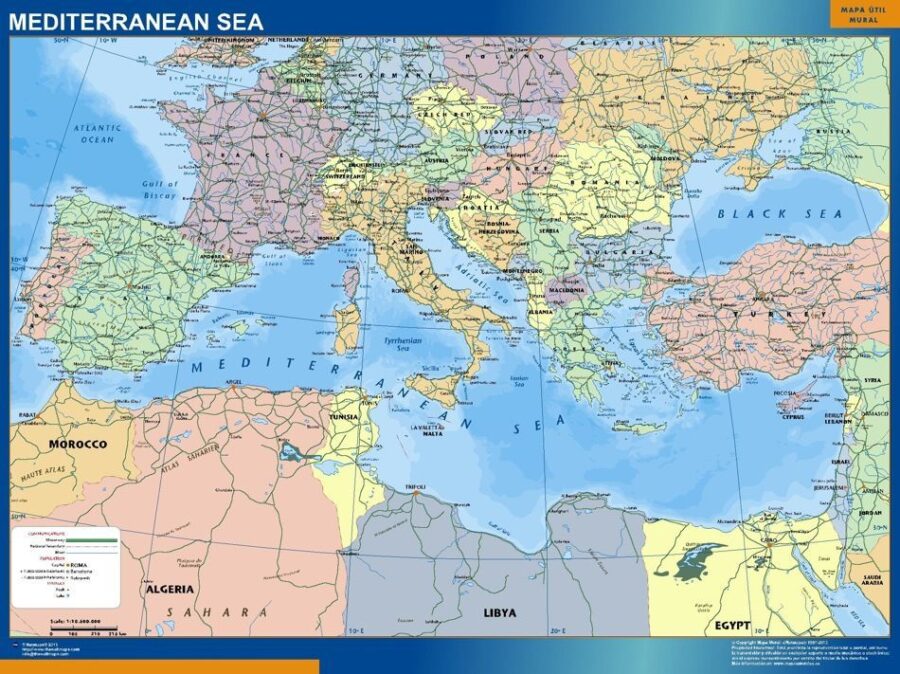 mediterranean sea countries wall map
